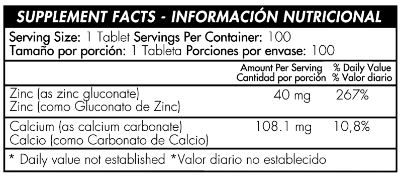 CHELATED ZINC 40MG - 100 TABLETAS